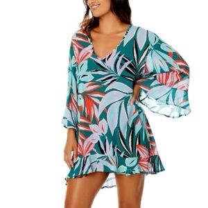 Anne Cole Tropical Flounce V Neck Tunic Swimsuit Cover Up Size M/L